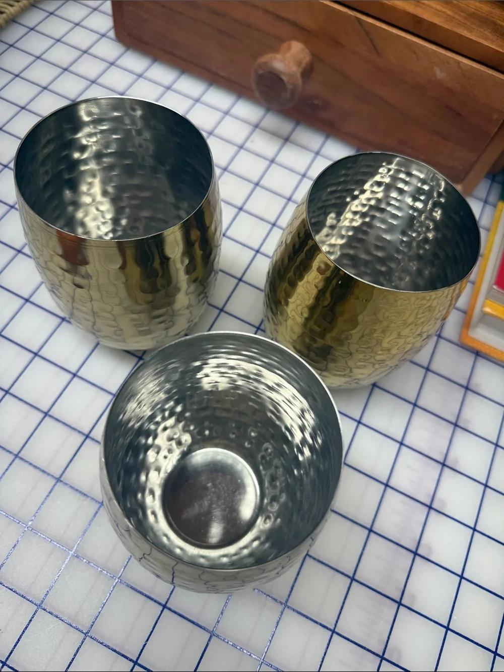 Set 3 Tumbler hammered brass gold stemless stainless steel drinkware pieces 18oz